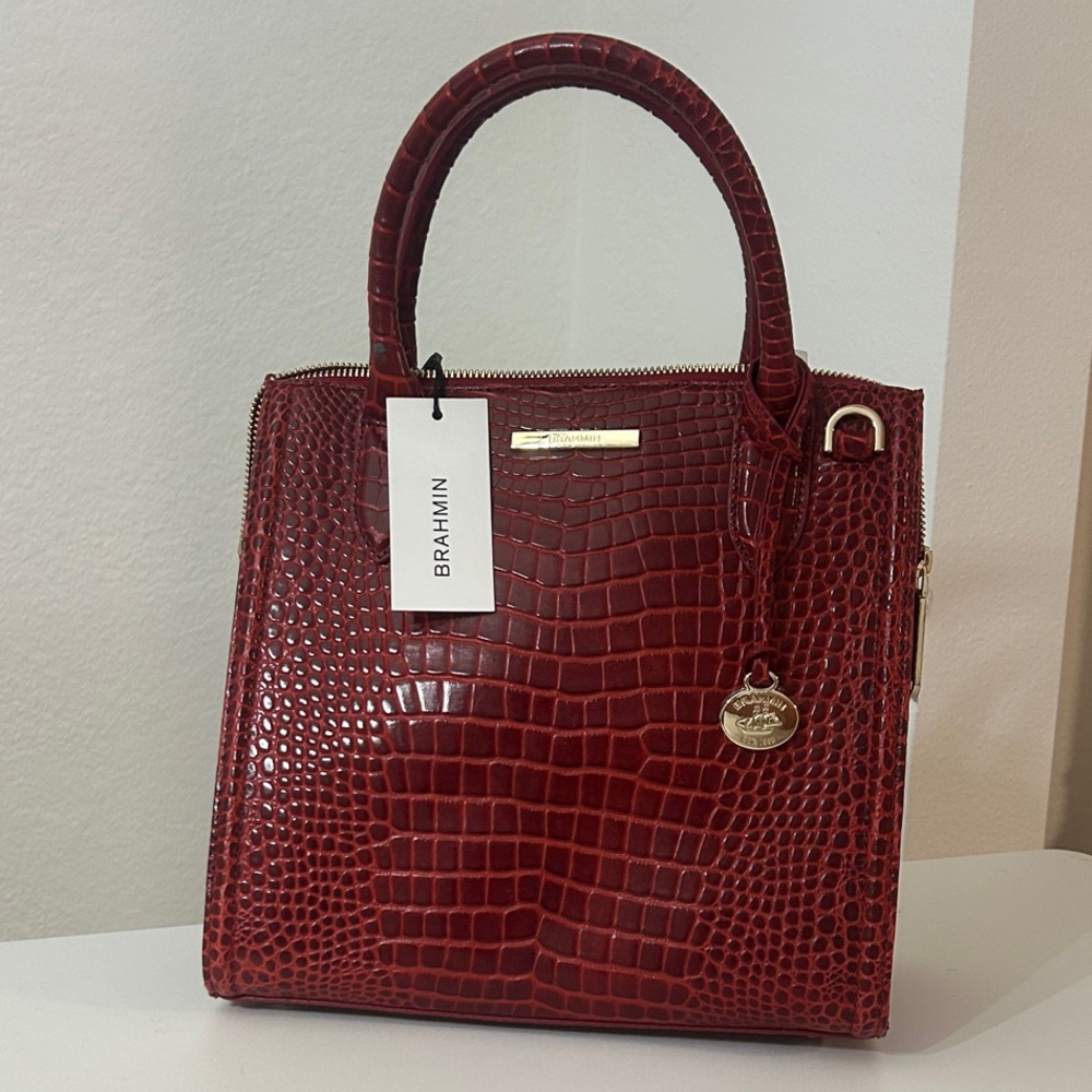Brahmin Small Caroline Satchel, Red Glissandro Croc embossed leather